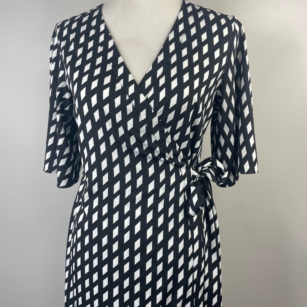 Banana Republic Black White Diamond Print Wrap Dress Short Sleeve 6 S/193043-00 - Picture 3 of 13